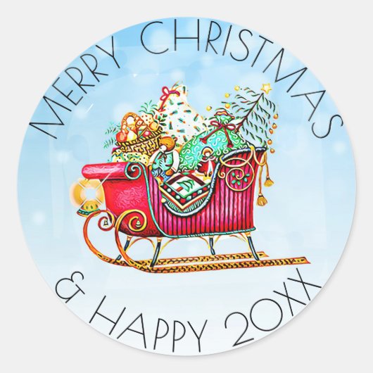 Geleid of Sleigh met cadeaus en kerstboom Ronde Sticker (Voorkant)