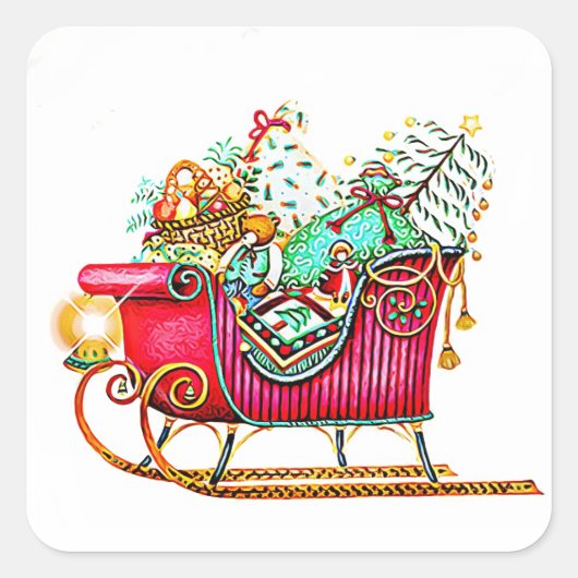 Geleid of Sleigh met cadeaus en kerstboom Vierkante Sticker (Voorkant)