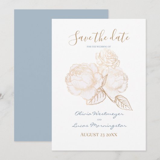 Geleid Roos Stusty Blue Ivory Save the Date Kaart (Voorkant / Achterkant)