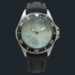 Geleste tropische bladeren horloge<br><div class="desc">"Faded Tropische bladeren I" door Jade Reynolds. Voorziet een collectie tropische bladeren in een vette vormgeving.</div>