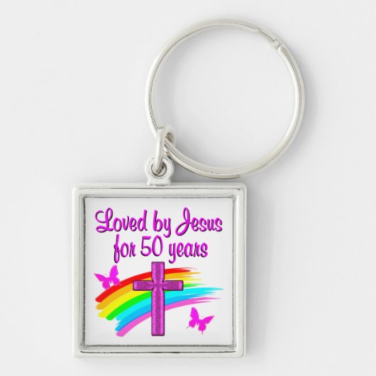 GELIEFD BIJ GOD 50TH BIRTHDAY DESIGN SLEUTELHANGER (Voorkant)
