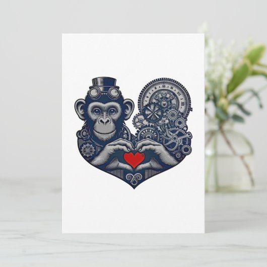 Geliefde steampunk aap met rood hart kaart (Staand voorkant)