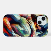 Geliefden omhelzen elkaar in olieverf stijl iPhone 15 case (Achterkant horizontaal)