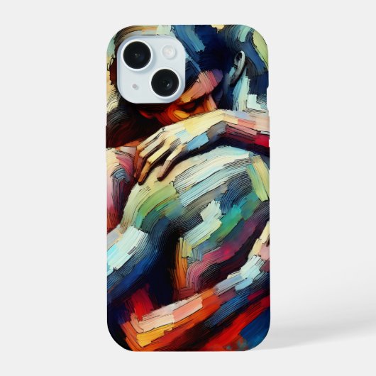 Geliefden omhelzen elkaar in olieverf stijl iPhone 15 case (Achterkant)