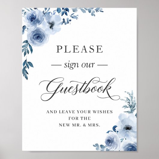 Gelieve ons Guestbook Boho Dusty Blue Floral te on Poster (Voorkant)