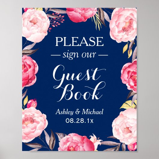 Gelieve te ondertekenen Guestbook Navy Blue Floral Poster (Voorkant)