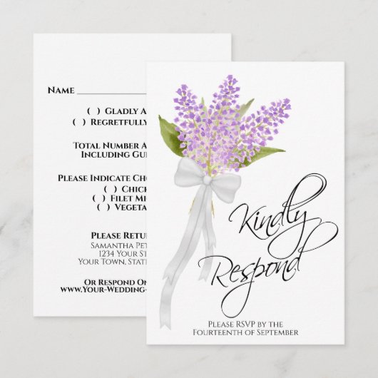 Gelieve te reageren Waterverf Lilas Boeket Bruilof RSVP Kaartje (Voorkant / Achterkant)