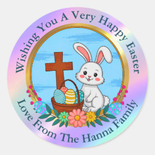 Gelig Vrolijk Pasen, Konijn met Kruis & Ei Ronde Sticker