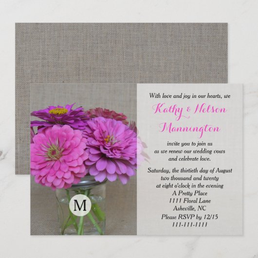 Gelofte Vernieuwing Zinnias in Masson Jar op Burla Kaart (Voorkant / Achterkant)