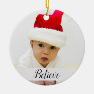 Geloof Baby kerstfoto met naam en jaar Keramisch Ornament