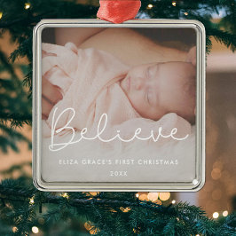 Geloof Baby's eerste Schattigee kerstfoto Metalen Ornament
