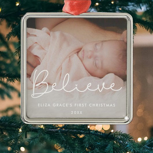 Geloof Baby's eerste Schattigee kerstfoto Metalen Ornament