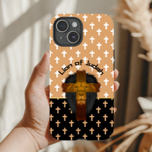 Geloof Beige Zwart Wit Kruizen Leeuw van Juda iPhone 15 Case