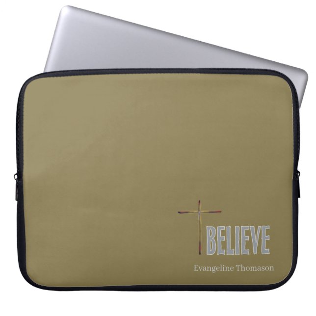 Geloof Christelijk Kruis Aangepaste Naam Dames Gou Laptop Sleeve (Voorkant)