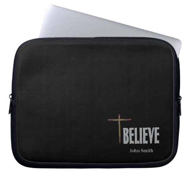 Geloof Christelijk Kruis Aangepaste Naam Zwart Laptop Sleeve (Voorkant)