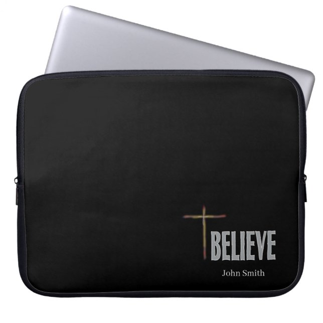 Geloof Christelijke Kruis Aangepaste Naam Zwart Laptop Sleeve (Voorkant)