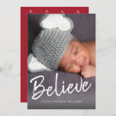 Geloof de eerste kerstfoto van Script Baby, modern Feestdagenkaart (Voorkant / Achterkant)