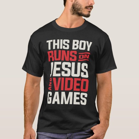Geloof Deze jongen loopt op Jezus & Videogames T-shirt (Voorkant)