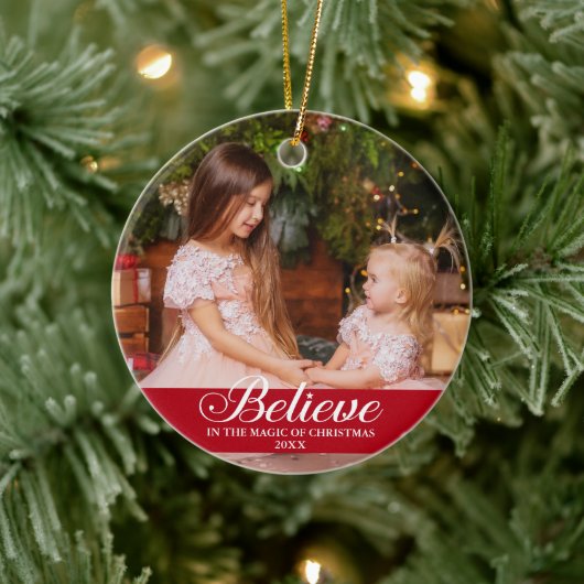 Geloof Elegant Calligraphy Family Photo Red Keramisch Ornament (Boom)