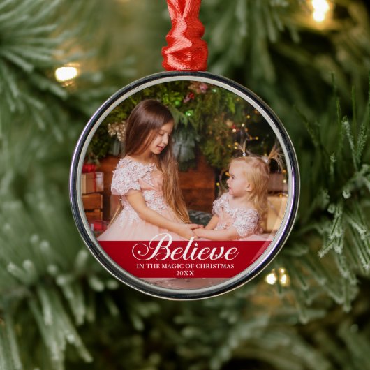 Geloof Elegant Calligraphy Family Photo Red Metalen Ornament (Boom)