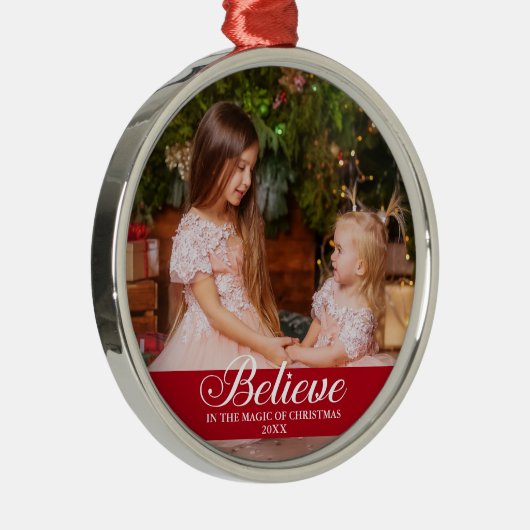 Geloof Elegant Calligraphy Family Photo Red Metalen Ornament (Rechts)