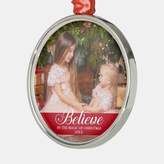 Geloof Elegant Calligraphy Family Photo Red Metalen Ornament (Links)