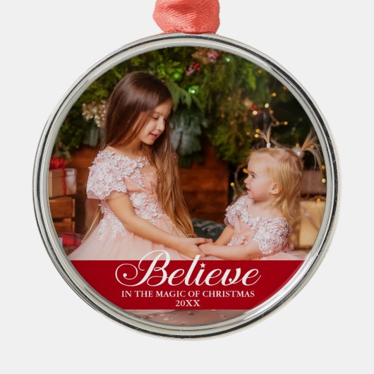 Geloof Elegant Calligraphy Family Photo Red Metalen Ornament (Voorkant)