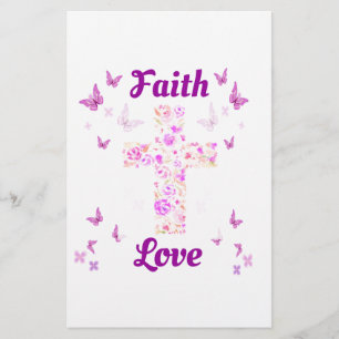 Geloof en Liefde Kruis van Rozen met Roze Vlinders Briefpapier