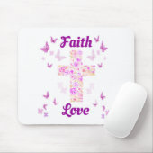 Geloof en Liefde Kruis van Rozen met Roze Vlinders Muismat (Met muis)
