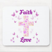 Geloof en Liefde Kruis van Rozen met Roze Vlinders Muismat (Voorkant)