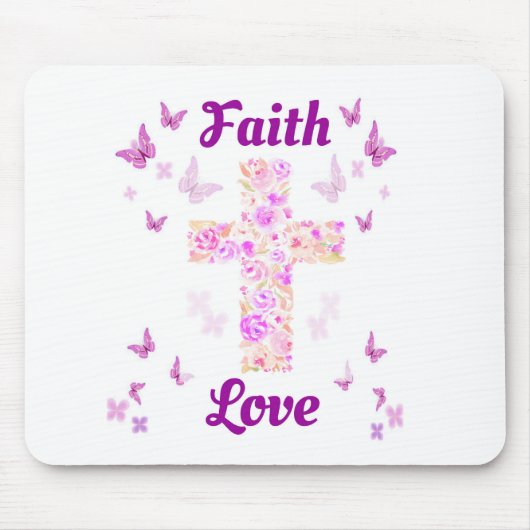 Geloof en Liefde Kruis van Rozen met Roze Vlinders Muismat (Voorkant)