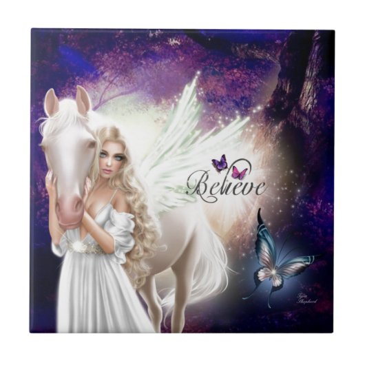 Geloof Fantasy Fairy Angel met White Horse Tegeltje (Voorkant)