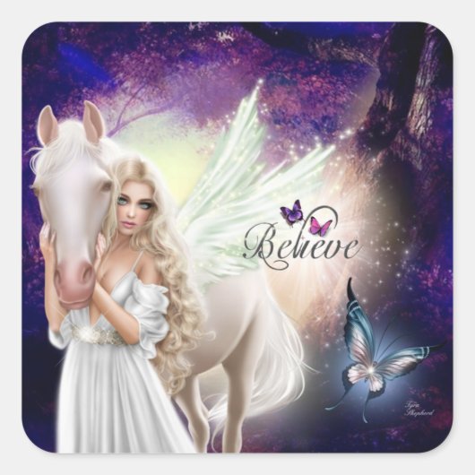 Geloof Fantasy Fairy Angel met White Horse Vierkante Sticker (Voorkant)