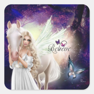 Geloof Fantasy Fairy Angel met White Horse Vierkante Sticker