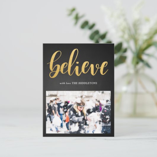 Geloof Faux Gold Script Chalkboard foto Briefkaart (Staand voorkant)