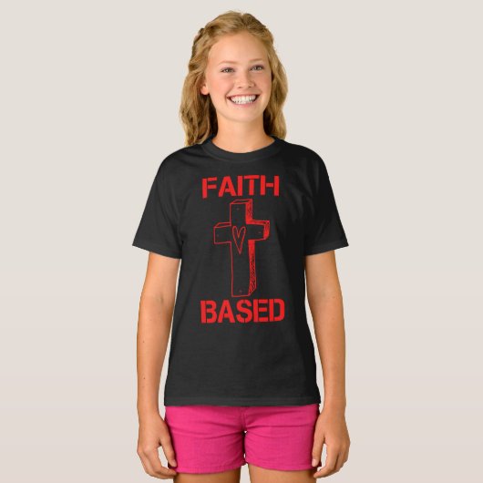 Geloof gebaseerd kruis en hart meisje's t-shirt (Voorkant volledig)