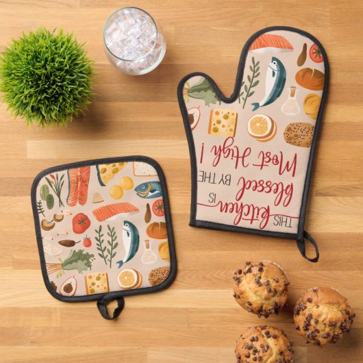 Geloof-geïnspireerde keukenhanddoek met verheffend ovenwant & pannenlap set (Top down)