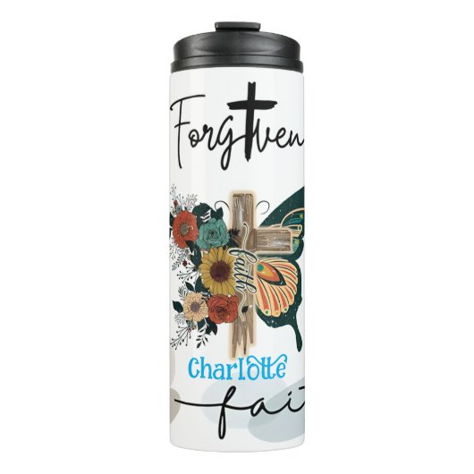 Geloof: gezegend, vergeven, over angst thermosbeker (Voorkant)