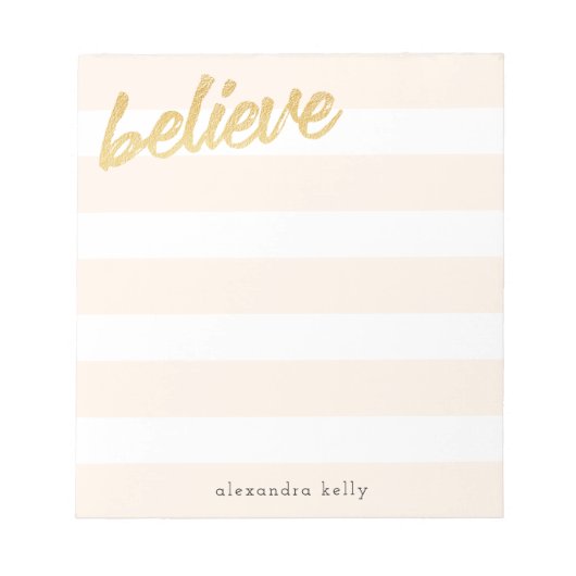 Geloof Gold Faux Folie Peach Stripes Custom Name Notitieblok (Voorkant)