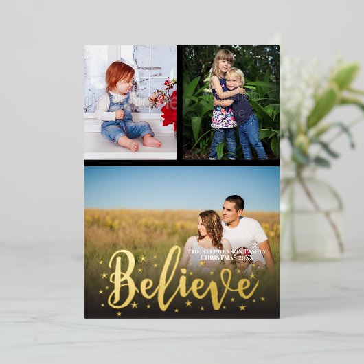 Geloof Gold Stars Kerstmis 3 Foto's Folie Feestdagenkaart (Staand Voorkant)