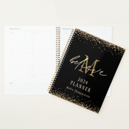 Geloof Gouden Glitter 2024 Monogram Naam Zwart Planner