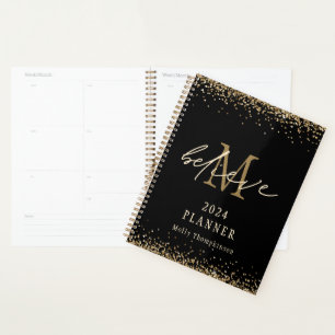 Geloof Gouden Glitter 2024 Monogram Naam Zwart Planner