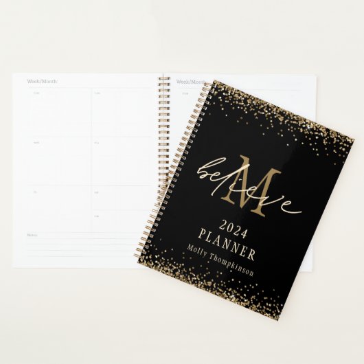 Geloof Gouden Glitter 2024 Monogram Naam Zwart Planner (Display)