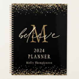 Geloof Gouden Glitter 2024 Monogram Naam Zwart Planner