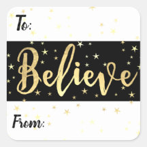 Geloof gouden sterren kerstcadeaulabel met aangepa