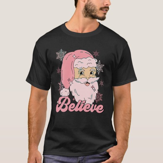 Geloof Grappig Roze Kerstman Gelukkig Retro Kerstm T-shirt (Voorkant)