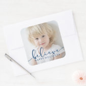 Geloof HOLIDAY BLUE Hand Lettert Script FOTO Vierkante Sticker (Envelop)