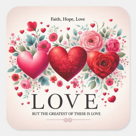 Geloof Hoop Liefde, maar de grootste van deze is L Vierkante Sticker (Voorkant)