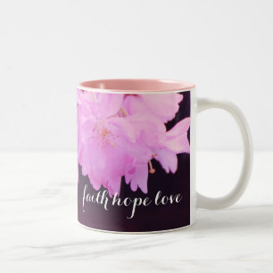 Geloof Hoop Liefde Monogram Naam Roze Kersenbloese Tweekleurige Koffiemok