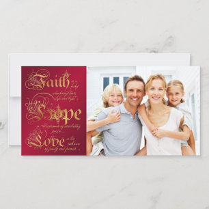 Geloof, hoop, liefde Rood, Goud Kerst Fotokaart Feestdagenkaart